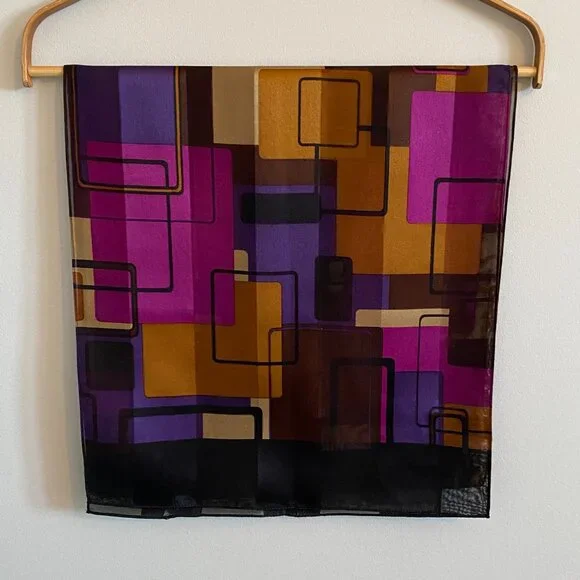 2/$20 👒 Vintage Oldstock Sheer Scarf with Purple and Brown Geometric Pattern - Picture 2 of 7